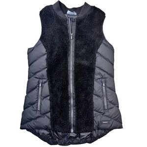 Athleta Goose Down Puffer Vest Fleece Trim Black Full Zip Womens Size Small